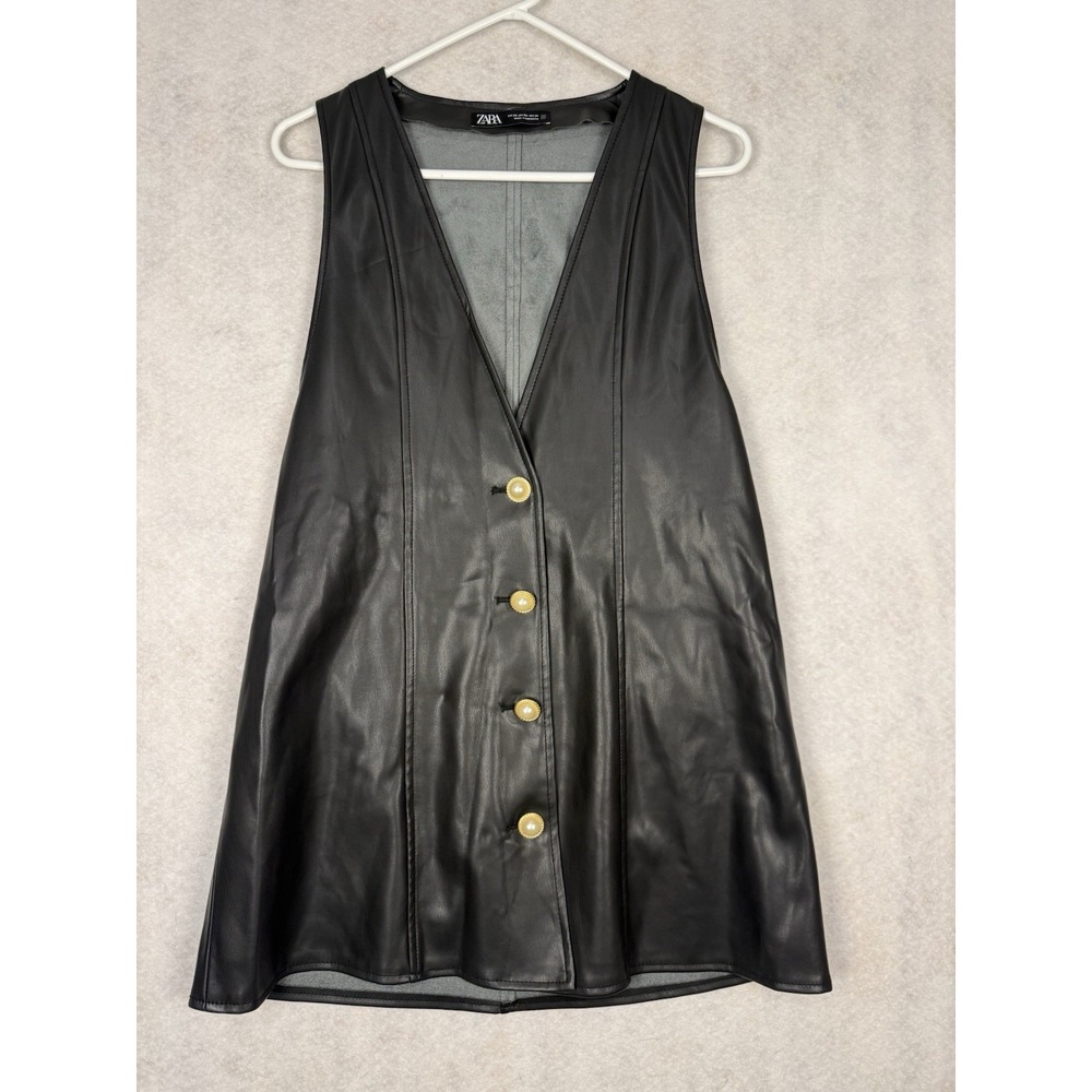 Zara Faux Leather Sleeveless Mini Dress Black Gold Button Pockets Women's XS